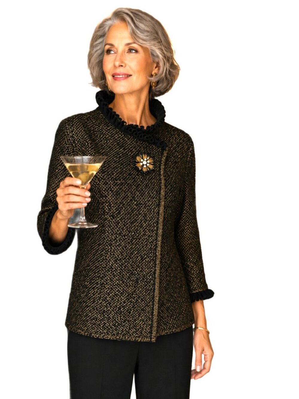 JM Collection Black Gold Shimmer Ruffle Wrap Collar Evening Jacket Cardigan Sz S